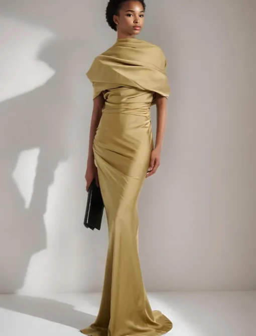 Black Tie Gold Evening Gown Mermaid / Trumpet Cape Dresses Elegant Dress Formal Wedding Floor Length Sleeveless Mock Neck Satin with Pleats