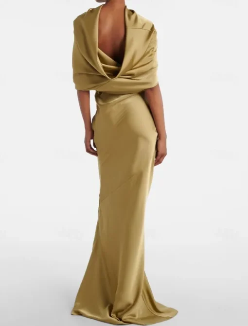 Black Tie Gold Evening Gown Mermaid / Trumpet Cape Dresses Elegant Dress Formal Wedding Floor Length Sleeveless Mock Neck Satin with Pleats