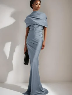 Black Tie Gold Evening Gown Mermaid / Trumpet Cape Dresses Elegant Dress Formal Wedding Floor Length Sleeveless Mock Neck Satin with Pleats