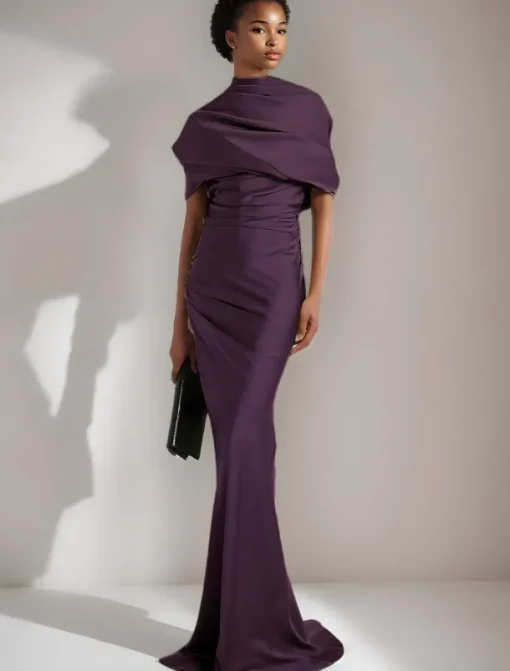 Black Tie Gold Evening Gown Mermaid / Trumpet Cape Dresses Elegant Dress Formal Wedding Floor Length Sleeveless Mock Neck Satin with Pleats
