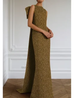 Black Tie Mermaid / Trumpet Crystal-embellished Jersey Evening Gown Elegant Dress Formal Wedding Floor Length Sleeveless Crew Neck with Detachable Bow(s)