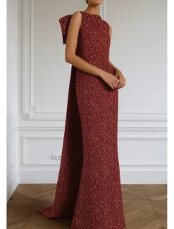 Black Tie Mermaid / Trumpet Crystal-embellished Jersey Evening Gown Elegant Dress Formal Wedding Floor Length Sleeveless Crew Neck with Detachable Bow(s)