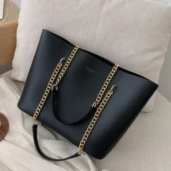 Black Tote Bag with Gold Chain Straps – Stylish and Spacious PU Leather Handbag for Women, Perfect for Work, Travel, and Everyday Use