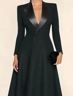 Black Tuxedo Dress High-low Dress Formal Wedding Guest Dresses Blazer Dress A-Line Satin Peak Lapel Stretch Crepe Long Sleeve Floor Length With Covered Buttons