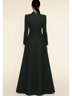 Black Tuxedo Dress High-low Dress Formal Wedding Guest Dresses Blazer Dress A-Line Satin Peak Lapel Stretch Crepe Long Sleeve Floor Length With Covered Buttons