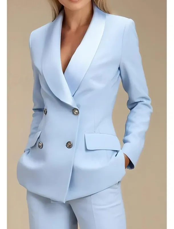 Black Two Piece Pantsuit Mother of the Bride Blazer Set Elegant Lapel Floor Length Stretch Fabric Long Sleeve with Buttons Solid Color