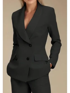 Black Two Piece Pantsuit Mother of the Bride Blazer Set Elegant Lapel Floor Length Stretch Fabric Long Sleeve with Buttons Solid Color