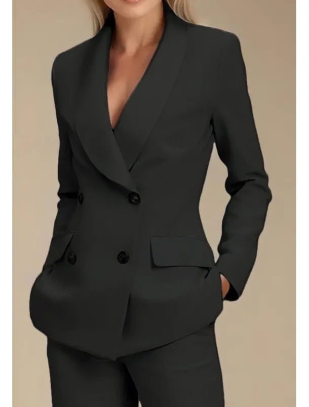 Black Two Piece Pantsuit Mother of the Bride Blazer Set Elegant Lapel Floor Length Stretch Fabric Long Sleeve with Buttons Solid Color