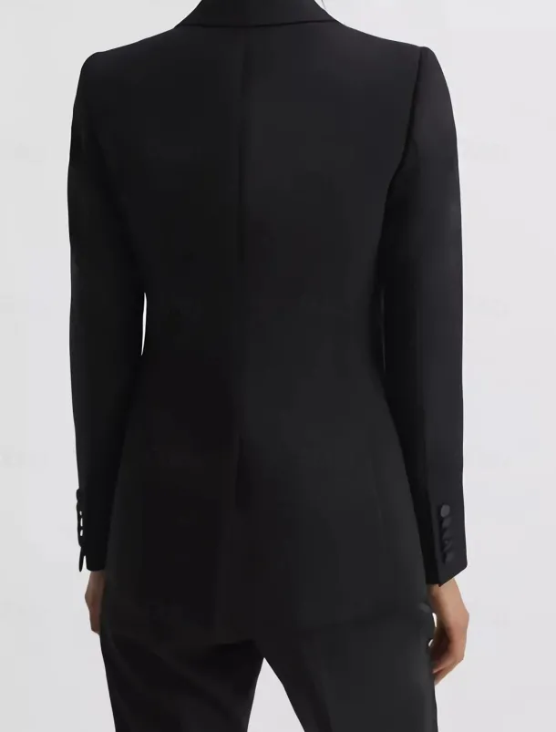 Black Two Piece Pantsuit Mother of the Bride Blazer Set Elegant Lapel Floor Length Stretch Fabric Long Sleeve with Buttons Solid Color