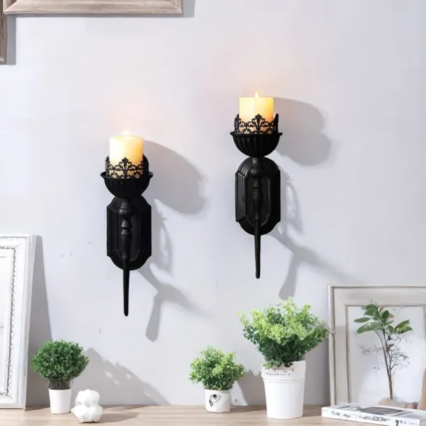 Black Vintage Candlesticks, Black Crown And Scepter Design Wall-Mounted, Perfect Decoration for Living Room, Courtyard, Bedroom, Staircase, Christmas, Halloween, Valentine's Day Gift 1PCS