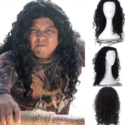 Black Wigs For Men Moana Maui Cosplay Wigs Medium Long Curly Natural Black Synthetic Wig For Men (Maui Cosplay For Men) Halloween Wigs
