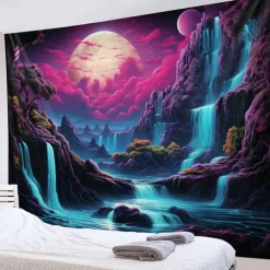 Blacklight Tapestry UV Reactive Glow in the Dark Glow Party Neon Wonderland Waterfall Psychedelic Trippy Misty Hanging Tapestry Wall Art Mural for Living Room Bedroom