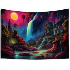 Blacklight Tapestry UV Reactive Glow in the Dark Glow Party Neon Wonderland Waterfall Psychedelic Trippy Misty Hanging Tapestry Wall Art Mural for Living Room Bedroom
