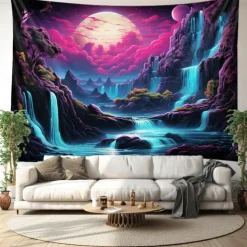 Blacklight Tapestry UV Reactive Glow in the Dark Glow Party Neon Wonderland Waterfall Psychedelic Trippy Misty Hanging Tapestry Wall Art Mural for Living Room Bedroom