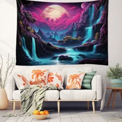 Blacklight Tapestry UV Reactive Glow in the Dark Glow Party Neon Wonderland Waterfall Psychedelic Trippy Misty Hanging Tapestry Wall Art Mural for Living Room Bedroom
