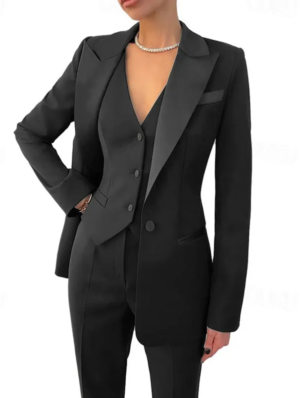 BlackWhite Pantsuit 3 Piece Mother of the Bride Elegant Simple Minimalist V Neck Ankle Length Stretch Fabric Long Sleeve Wrap Included with Solid Color