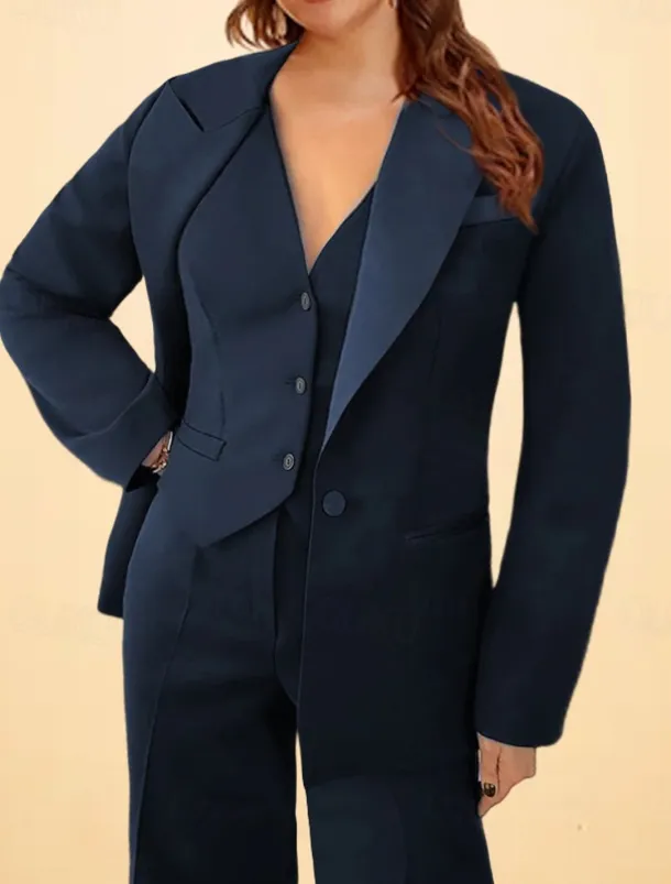 BlackWhite Pantsuit 3 Piece Mother of the Bride Elegant Simple Minimalist V Neck Ankle Length Stretch Fabric Long Sleeve Wrap Included with Solid Color