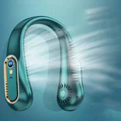 Bladeless Neckband Air Cooler – USB Rechargeable Hanging Fan with Digital Display for Portable Summer Cooling