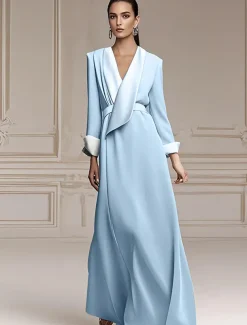 Blazer Dress A-Line Mother of the Bride Dress Tuxedo Dress Elegant Simple Minimalist V Neck Floor Length Satin Long Sleeve with Color Block