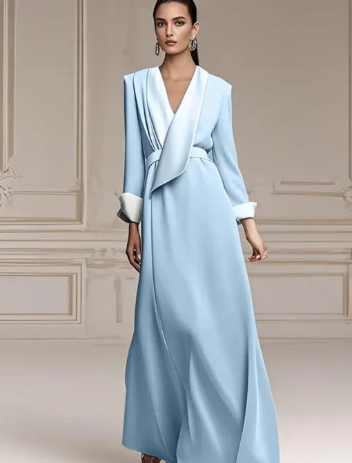 Blazer Dress A-Line Mother of the Bride Dress Tuxedo Dress Elegant Simple Minimalist V Neck Floor Length Satin Long Sleeve with Color Block