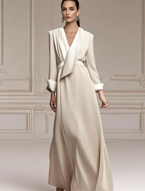 Blazer Dress A-Line Mother of the Bride Dress Tuxedo Dress Elegant Simple Minimalist V Neck Floor Length Satin Long Sleeve with Color Block