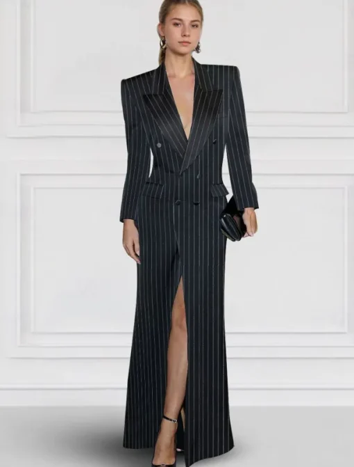 Blazer Dress Black Tie Mermaid / Trumpet Evening Gown Elegant Dress Pinstripe Tuxedo Dress Zipper Up Wedding Guest Formal Floor Length Long Sleeve Peak lapel collar Satin with Pocket