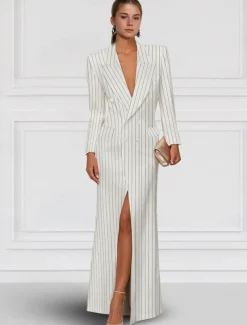 Blazer Dress Black Tie Mermaid / Trumpet Evening Gown Elegant Dress Pinstripe Tuxedo Dress Zipper Up Wedding Guest Formal Floor Length Long Sleeve Peak lapel collar Satin with Pocket