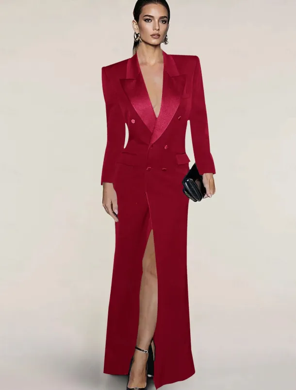 Blazer Dress Black Tie Mermaid / Trumpet Evening Gown Elegant Dress Pinstripe Tuxedo Dress Zipper Up Wedding Guest Formal Floor Length Long Sleeve Peak lapel collar Satin with Pocket