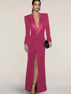 Blazer Dress Black Tie Mermaid / Trumpet Evening Gown Elegant Dress Pinstripe Tuxedo Dress Zipper Up Wedding Guest Formal Floor Length Long Sleeve Peak lapel collar Satin with Pocket