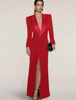 Blazer Dress Black Tie Mermaid / Trumpet Evening Gown Elegant Dress Pinstripe Tuxedo Dress Zipper Up Wedding Guest Formal Floor Length Long Sleeve Peak lapel collar Satin with Pocket