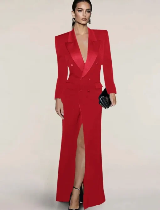 Blazer Dress Black Tie Mermaid / Trumpet Evening Gown Elegant Dress Pinstripe Tuxedo Dress Zipper Up Wedding Guest Formal Floor Length Long Sleeve Peak lapel collar Satin with Pocket
