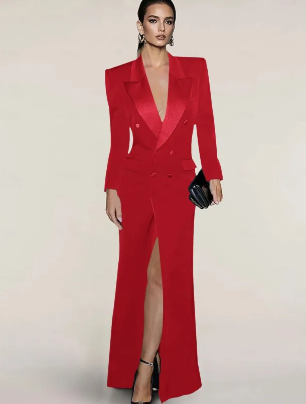 Blazer Dress Black Tie Mermaid / Trumpet Evening Gown Elegant Dress Pinstripe Tuxedo Dress Zipper Up Wedding Guest Formal Floor Length Long Sleeve Peak lapel collar Satin with Pocket