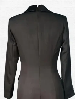 Blazer Dress Black Tie Mermaid / Trumpet Evening Gown Elegant Dress Pinstripe Tuxedo Dress Zipper Up Wedding Guest Formal Floor Length Long Sleeve Peak lapel collar Satin with Pocket
