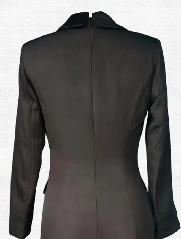 Blazer Dress Black Tie Mermaid / Trumpet Evening Gown Elegant Dress Pinstripe Tuxedo Dress Zipper Up Wedding Guest Formal Floor Length Long Sleeve Peak lapel collar Satin with Pocket