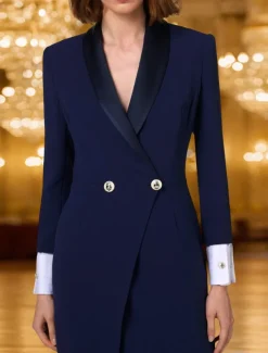 Blazer Dress Mermaid / Trumpet Mother of the Bride Dress Tuxedo Dress Elegant Party Satin Shawl Lapel Floor Length Long Sleeve with Metal Buttons and Slit