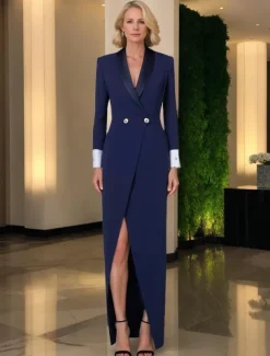 Blazer Dress Mermaid / Trumpet Mother of the Bride Dress Tuxedo Dress Elegant Party Satin Shawl Lapel Floor Length Long Sleeve with Metal Buttons and Slit