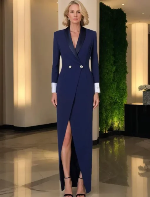 Blazer Dress Mermaid / Trumpet Mother of the Bride Dress Tuxedo Dress Elegant Party Satin Shawl Lapel Floor Length Long Sleeve with Metal Buttons and Slit