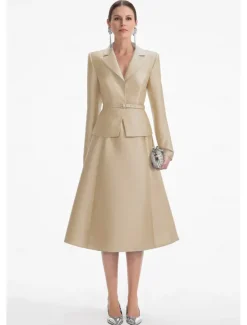 Blazer Dress Two Piece A-LineDress Tuxedo Dress Elegant V Neck Tea Length Satin Long Sleeve with Solid Color Dresses
