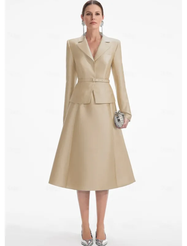 Blazer Dress Two Piece A-LineDress Tuxedo Dress Elegant V Neck Tea Length Satin Long Sleeve with Solid Color Dresses