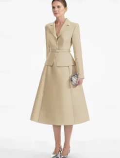 Blazer Dress Two Piece A-LineDress Tuxedo Dress Elegant V Neck Tea Length Satin Long Sleeve with Solid Color Dresses