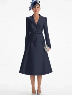 Blazer Dress Two Piece A-LineDress Tuxedo Dress Elegant V Neck Tea Length Satin Long Sleeve with Solid Color Dresses