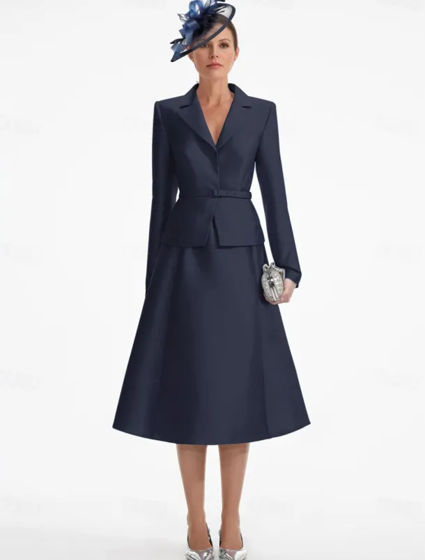 Blazer Dress Two Piece A-LineDress Tuxedo Dress Elegant V Neck Tea Length Satin Long Sleeve with Solid Color Dresses