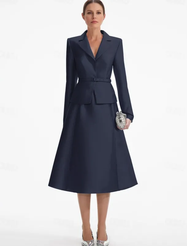 Blazer Dress Two Piece A-LineDress Tuxedo Dress Elegant V Neck Tea Length Satin Long Sleeve with Solid Color Dresses