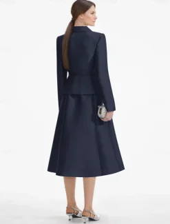 Blazer Dress Two Piece A-LineDress Tuxedo Dress Elegant V Neck Tea Length Satin Long Sleeve with Solid Color Dresses