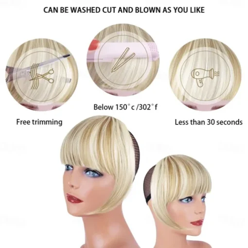 Blonde Bangs Clip in Bangs Blonde Clip in Thick Natural Full Front Neat Bangs Straight Fringe Bang with Temples One Piece Hairpiece