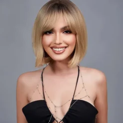 Blonde Bob Wig with Bangs 13 Short Bob Wigs for Women Short Blonde Wig with Dark Roots Heat Resistant Synthetic Wig Natural Looking for Daily Use Party and Cosplay