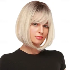 Blonde Bob Wig with Bangs 13 Short Bob Wigs for Women Short Blonde Wig with Dark Roots Heat Resistant Synthetic Wig Natural Looking for Daily Use Party and Cosplay