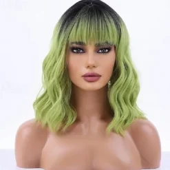 Blonde Ombre Wig Short Bob Wig Short Curly Wavy Wig With Bangs for Women Wig Heat Resistant Synthetic Hair Wigs for Daily Use Cosplay Wig With Wig Cap Halloween Wigs