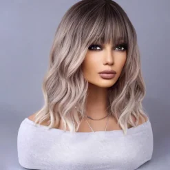 Blonde Ombre Wig Short Bob Wig Short Curly Wavy Wig With Bangs for Women Wig Heat Resistant Synthetic Hair Wigs for Daily Use Cosplay Wig With Wig Cap Halloween Wigs