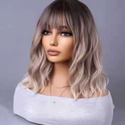 Blonde Ombre Wig Short Bob Wig Short Curly Wavy Wig With Bangs for Women Wig Heat Resistant Synthetic Hair Wigs for Daily Use Cosplay Wig With Wig Cap Halloween Wigs